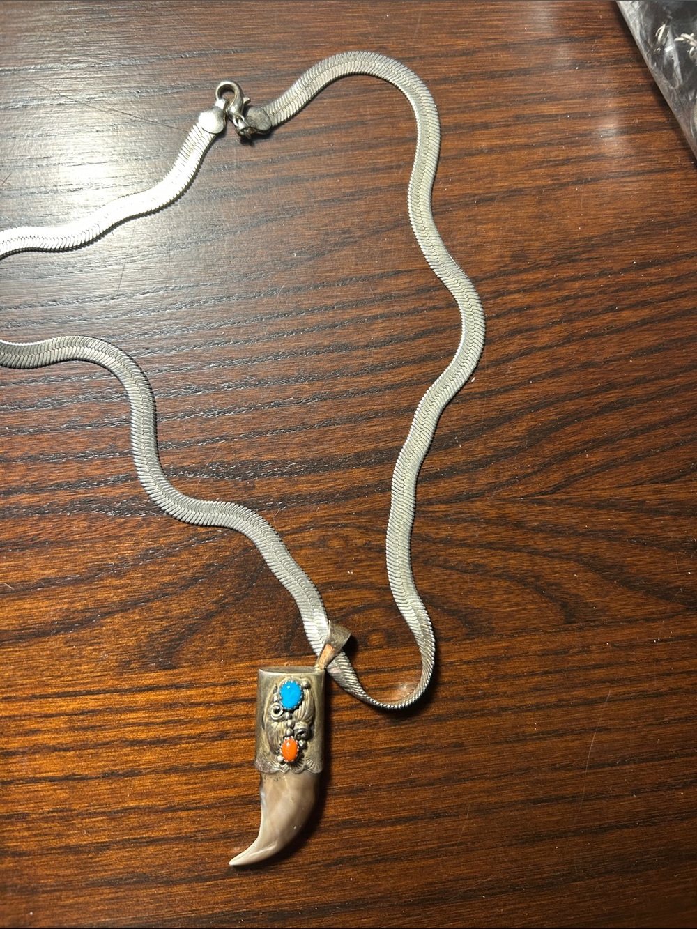 Native American Silver Horn Claw Pendant Necklace with Turquoise and Coral